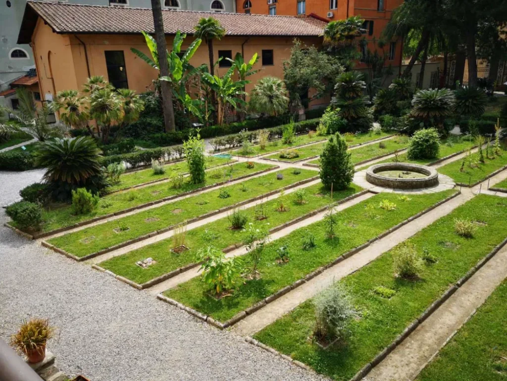A view of Pisa’s Botanical Garden with plants, paths, and historic buildings