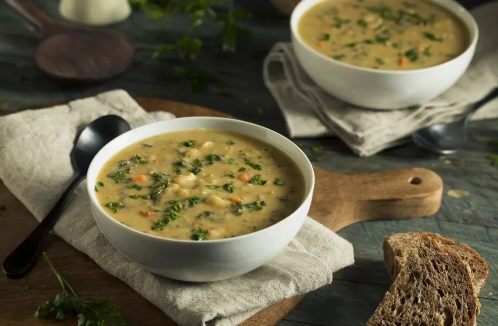 Bordatino alla Pisana, a creamy polenta-based soup with beans and kale from Pisa, Italy